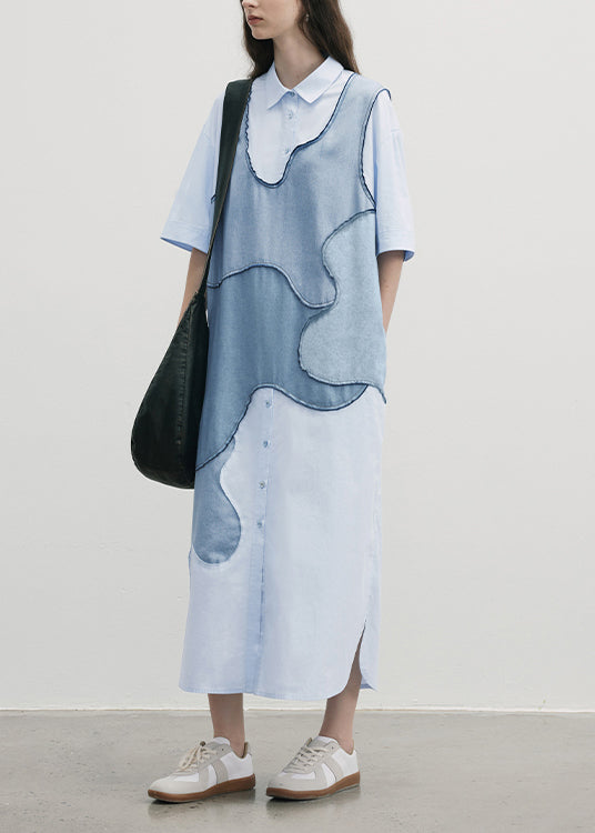 New Blue Peter Pan Collar Patchwork Cotton Shirts Dresses Summer