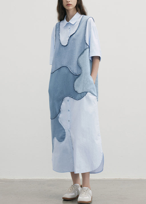 New Blue Peter Pan Collar Patchwork Cotton Shirts Dresses Summer