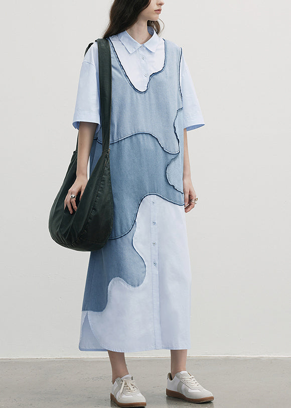 New Blue Peter Pan Collar Patchwork Cotton Shirts Dresses Summer