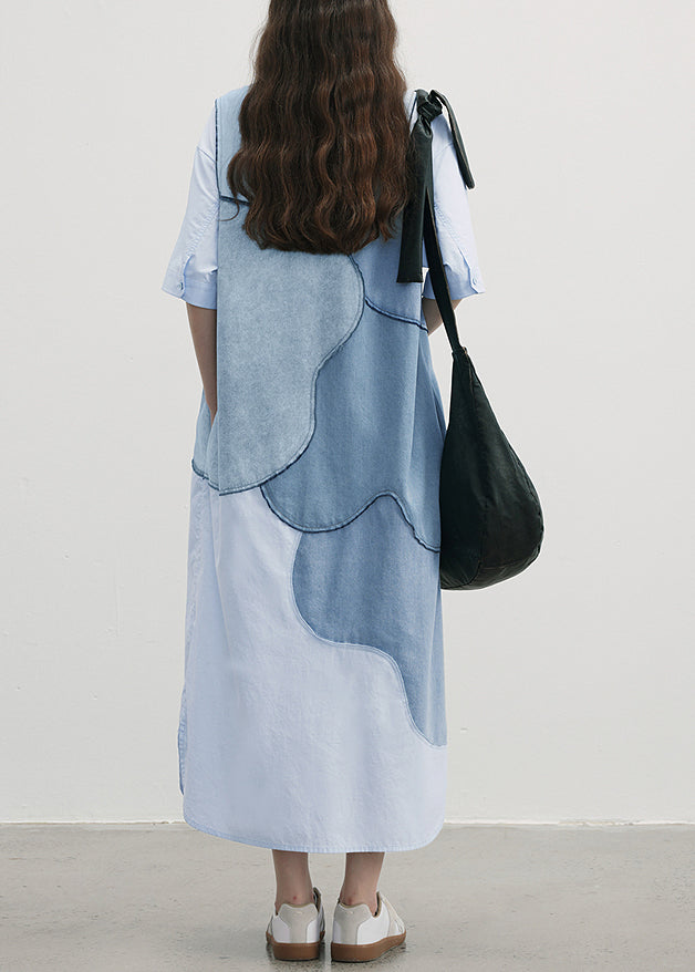 New Blue Peter Pan Collar Patchwork Cotton Shirts Dresses Summer