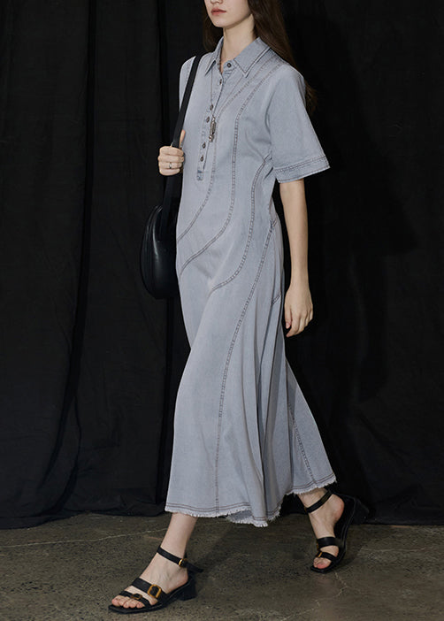 New Blue Peter Pan Collar Patchwork Denim Long Dresses Summer