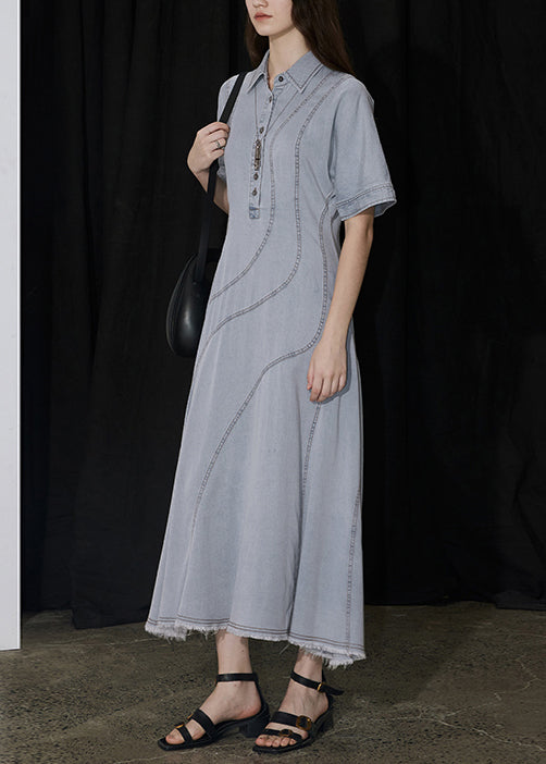 New Blue Peter Pan Collar Patchwork Denim Long Dresses Summer