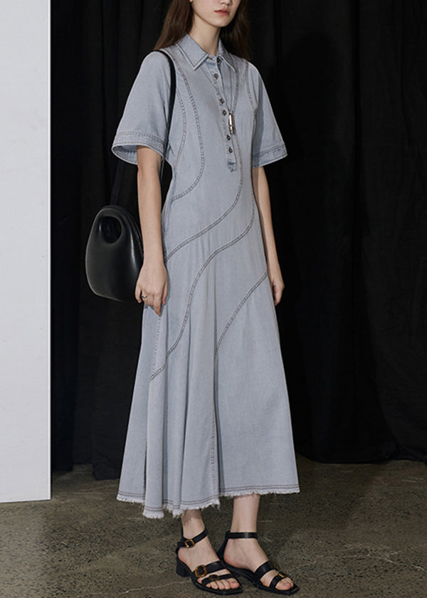 New Blue Peter Pan Collar Patchwork Denim Long Dresses Summer