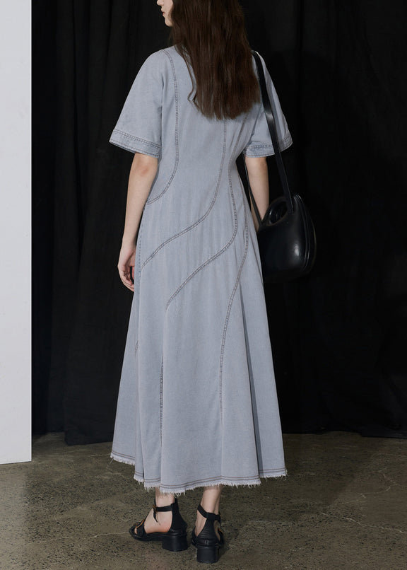 New Blue Peter Pan Collar Patchwork Denim Long Dresses Summer