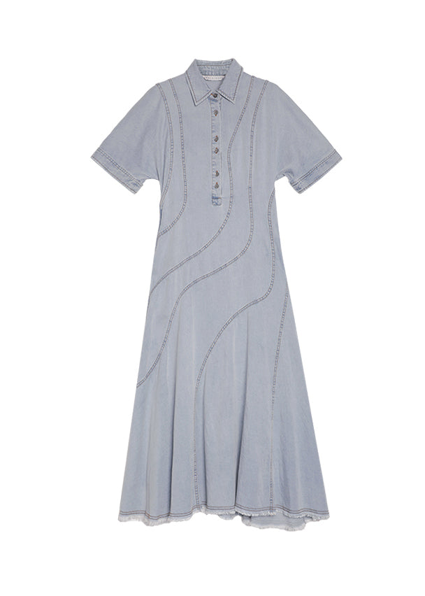 New Blue Peter Pan Collar Patchwork Denim Long Dresses Summer