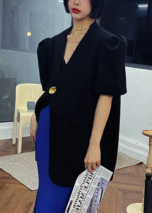 New Blue V Neck Button Solid Spandex Coats Puff Sleeve