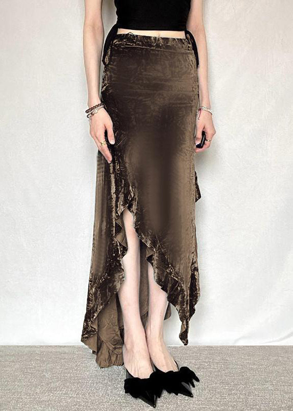 New Brown Asymmetrical Elastic Waist Silk Velvet Skirt Summer