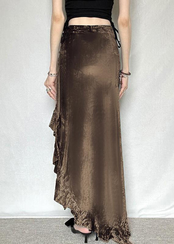 New Brown Asymmetrical Elastic Waist Silk Velvet Skirt Summer
