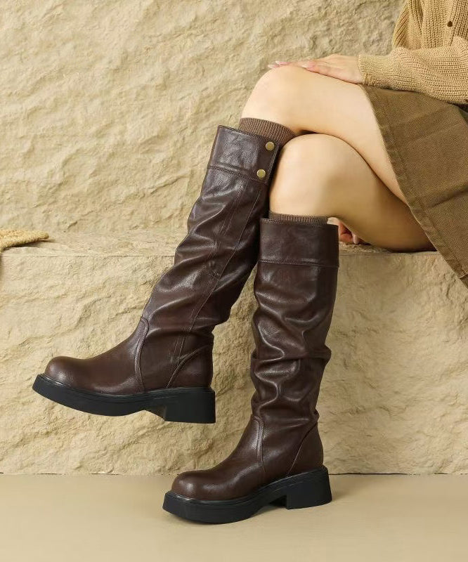 New Brown Faux Leather Wrinkled Splicing Boots