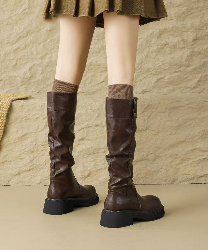 New Brown Faux Leather Wrinkled Splicing Boots