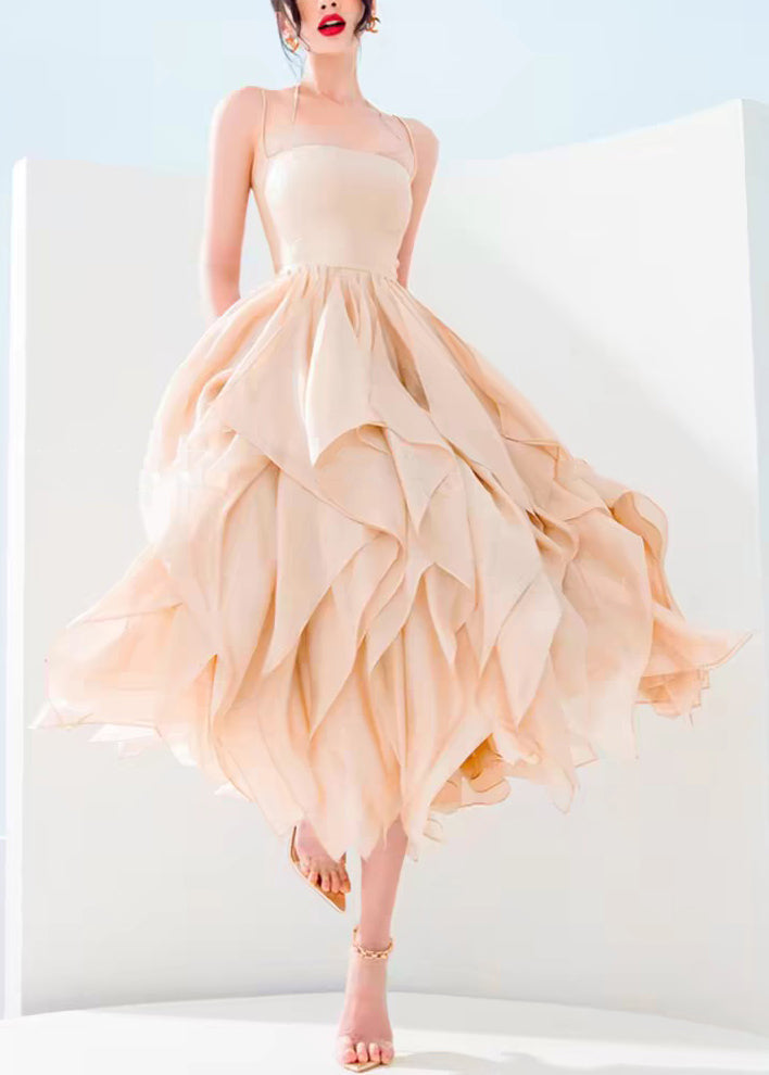 New Brown Lace Up Solid Cotton Spaghetti Strap Dress Sleeveless