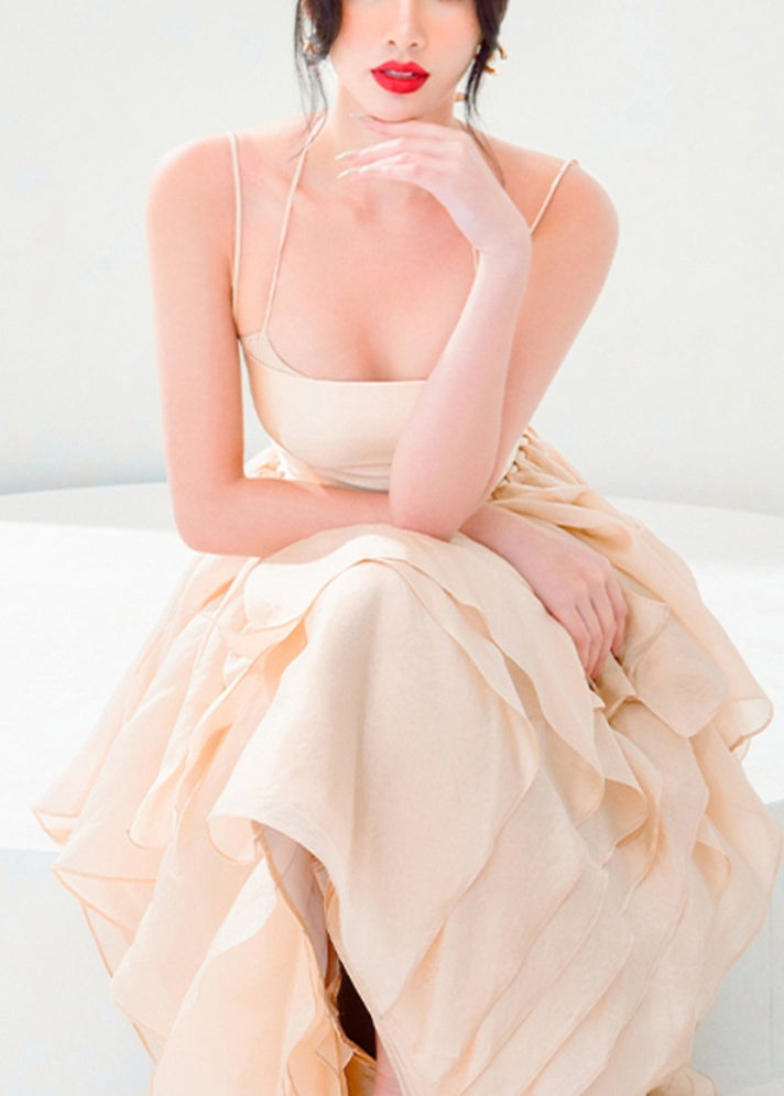 New Brown Lace Up Solid Cotton Spaghetti Strap Dress Sleeveless