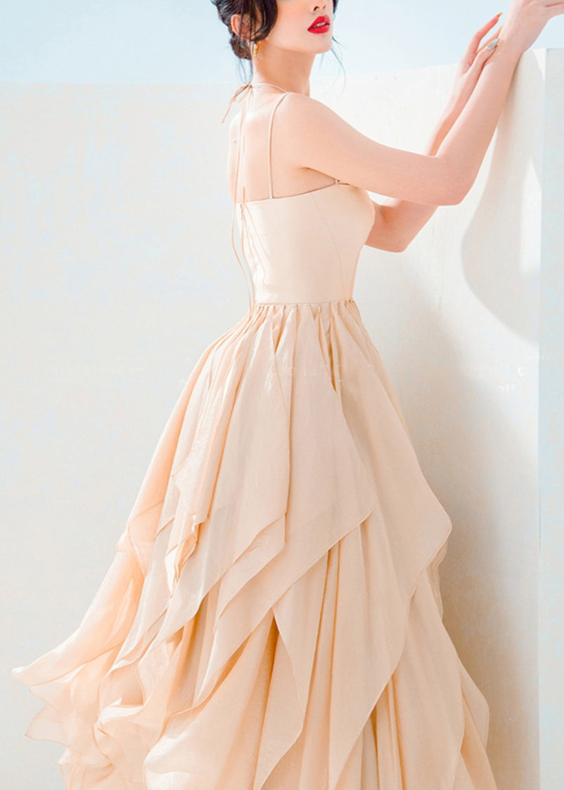 New Brown Lace Up Solid Cotton Spaghetti Strap Dress Sleeveless