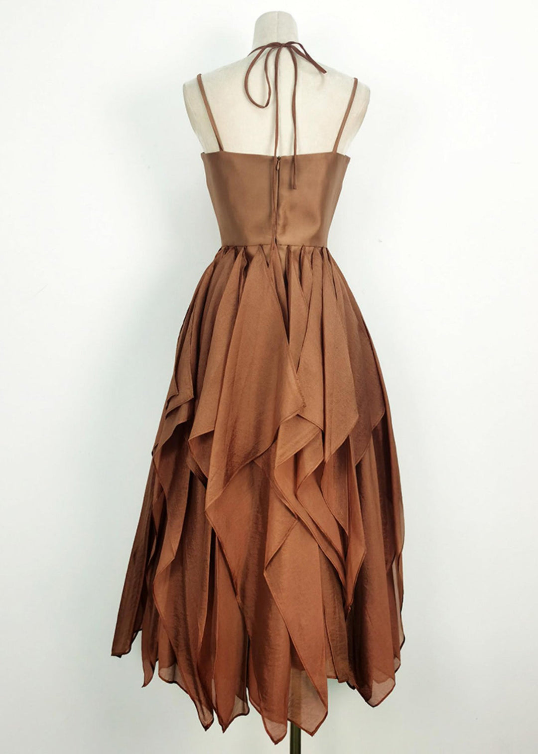 New Brown Lace Up Solid Cotton Spaghetti Strap Dress Sleeveless