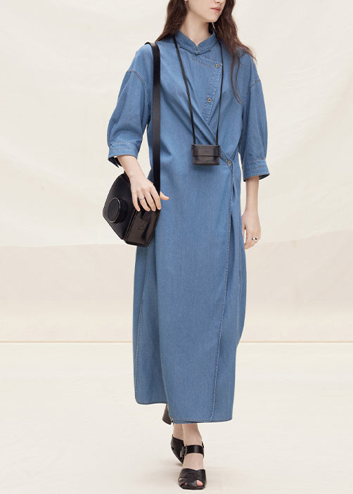 New Chinese Style Blue Stand Collar Button Denim Dress Autumn