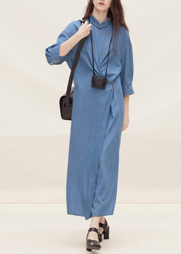 New Chinese Style Blue Stand Collar Button Denim Dress Autumn