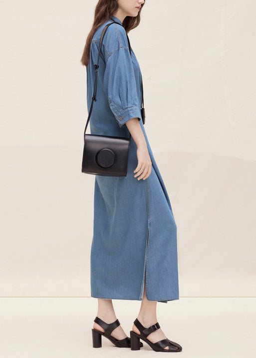 New Chinese Style Blue Stand Collar Button Denim Dress Autumn