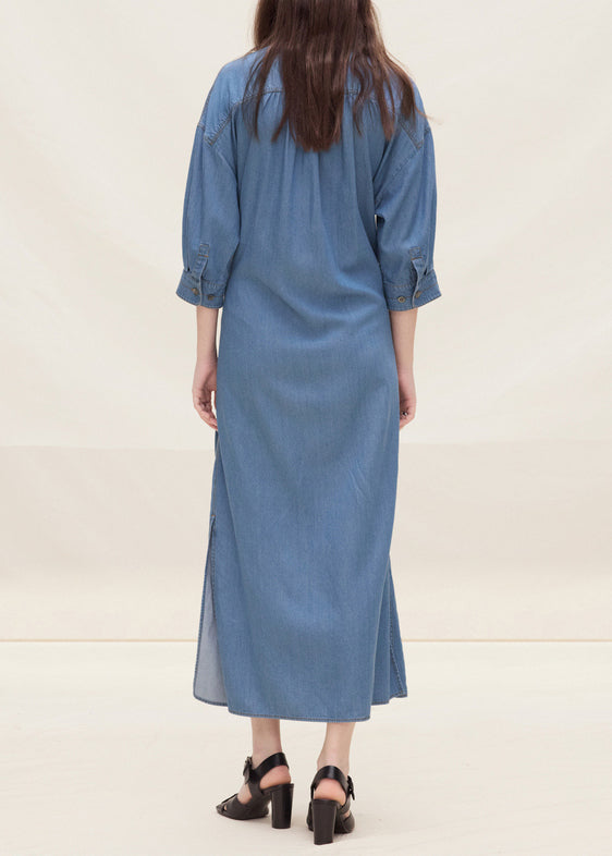 New Chinese Style Blue Stand Collar Button Denim Dress Autumn