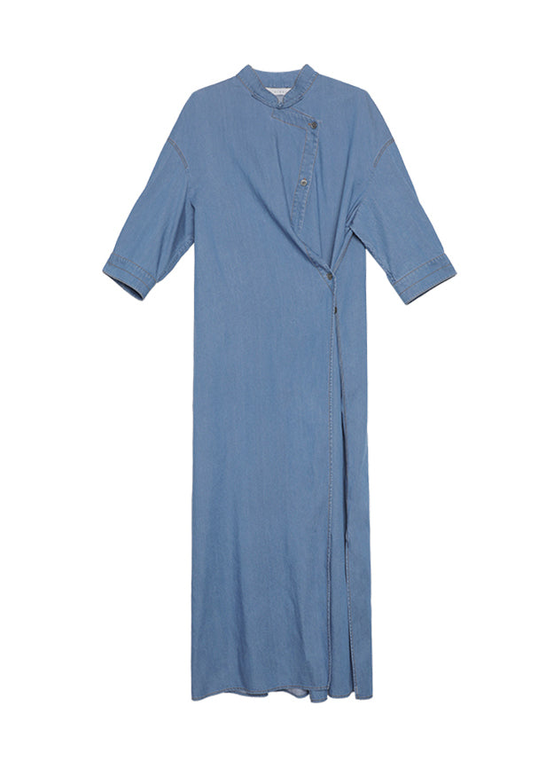 New Chinese Style Blue Stand Collar Button Denim Dress Autumn