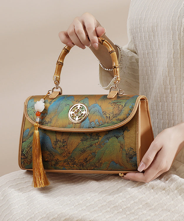 New Chinese Style Tassel Print Calf Leather Tote Bag