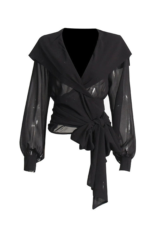 New Coffee Cross Tied Bow Chiffon Hooded Shirt Top Autumn