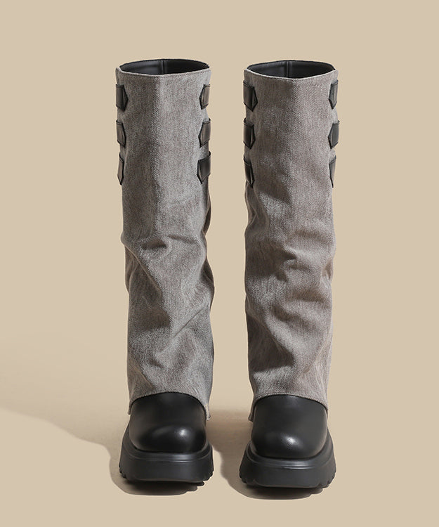 New Faux Leather Splicing Denim Fabric Platform Boots