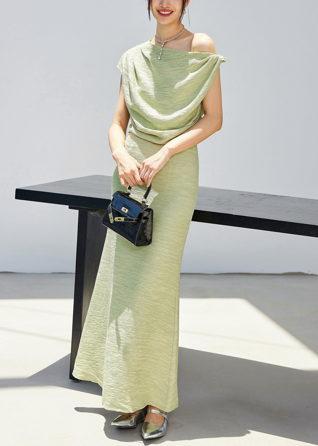 New Green Cold Shoulder Tops And Skirts Cotton Two Piece Set Summer