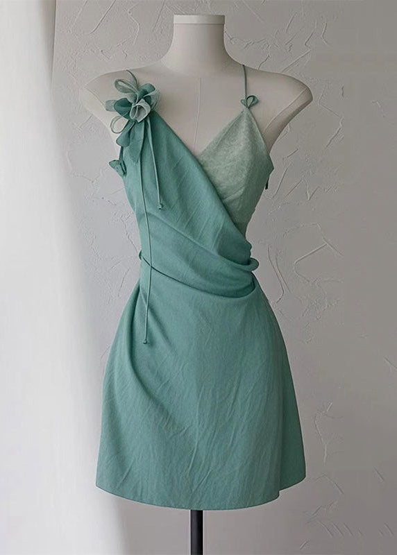 New Green V Neck High Waist Cotton Spaghetti Strap Dress Sleeveless