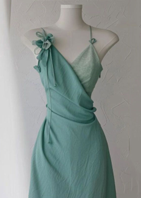 New Green V Neck High Waist Cotton Spaghetti Strap Dress Sleeveless