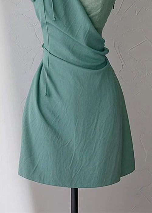 New Green V Neck High Waist Cotton Spaghetti Strap Dress Sleeveless
