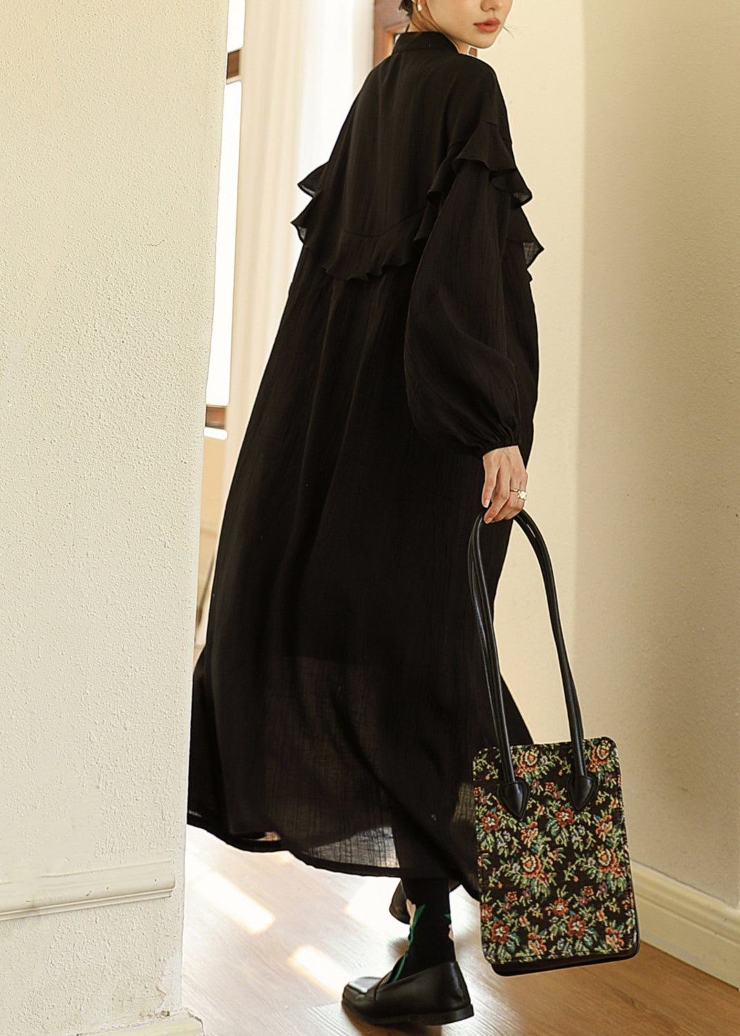 New Grey Ruffled Lace Up Patchwork Cotton Dress Fall