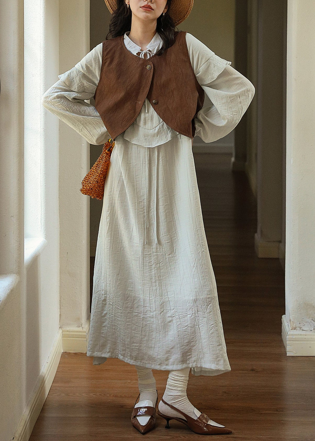 New Grey Ruffled Lace Up Patchwork Cotton Dress Fall