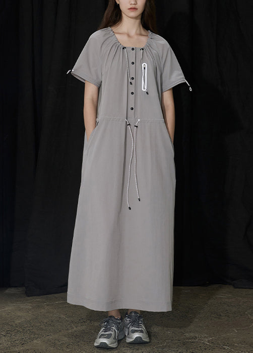 New Grey U Neck Drawstring Pockets Long Dress Summer