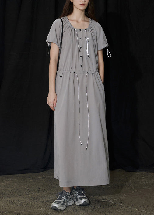 New Grey U Neck Drawstring Pockets Long Dress Summer