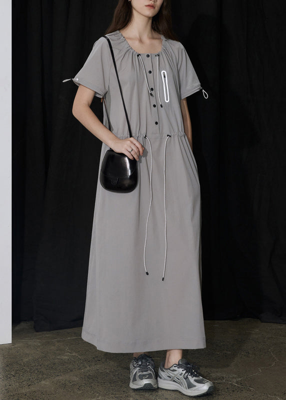 New Grey U Neck Drawstring Pockets Long Dress Summer