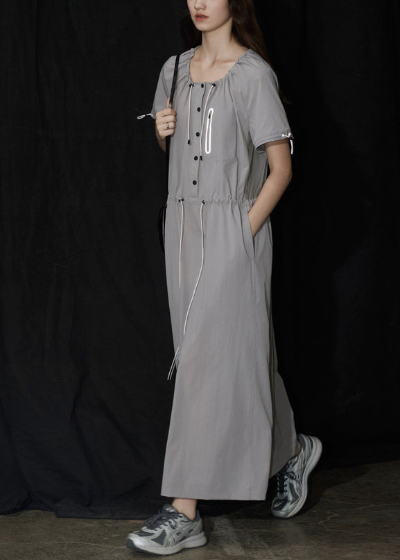 New Grey U Neck Drawstring Pockets Long Dress Summer