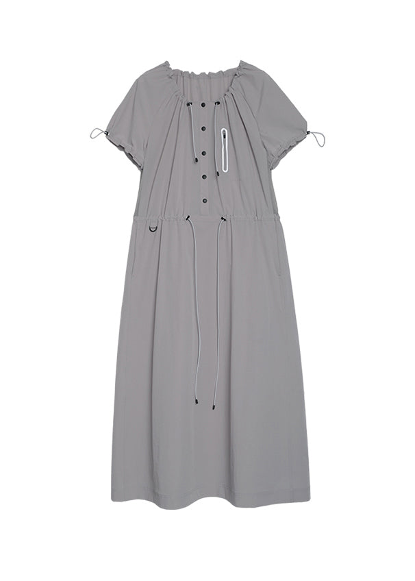 New Grey U Neck Drawstring Pockets Long Dress Summer