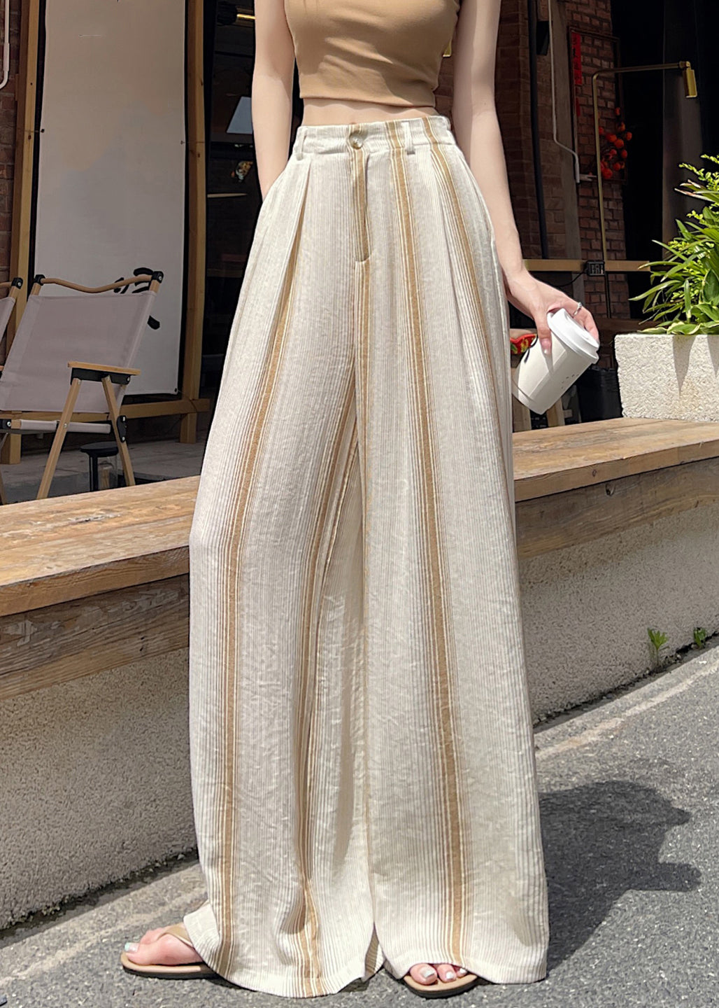 New Khaki Striped Pockets Cotton Pants Summer