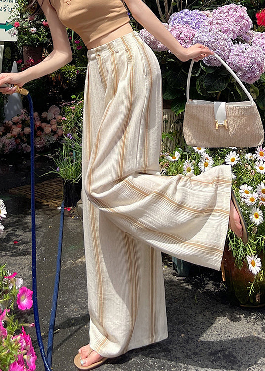 New Khaki Striped Pockets Cotton Pants Summer