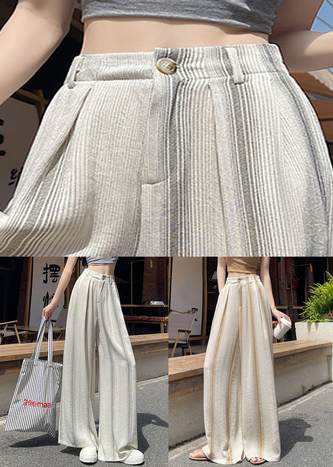 New Khaki Striped Pockets Cotton Pants Summer