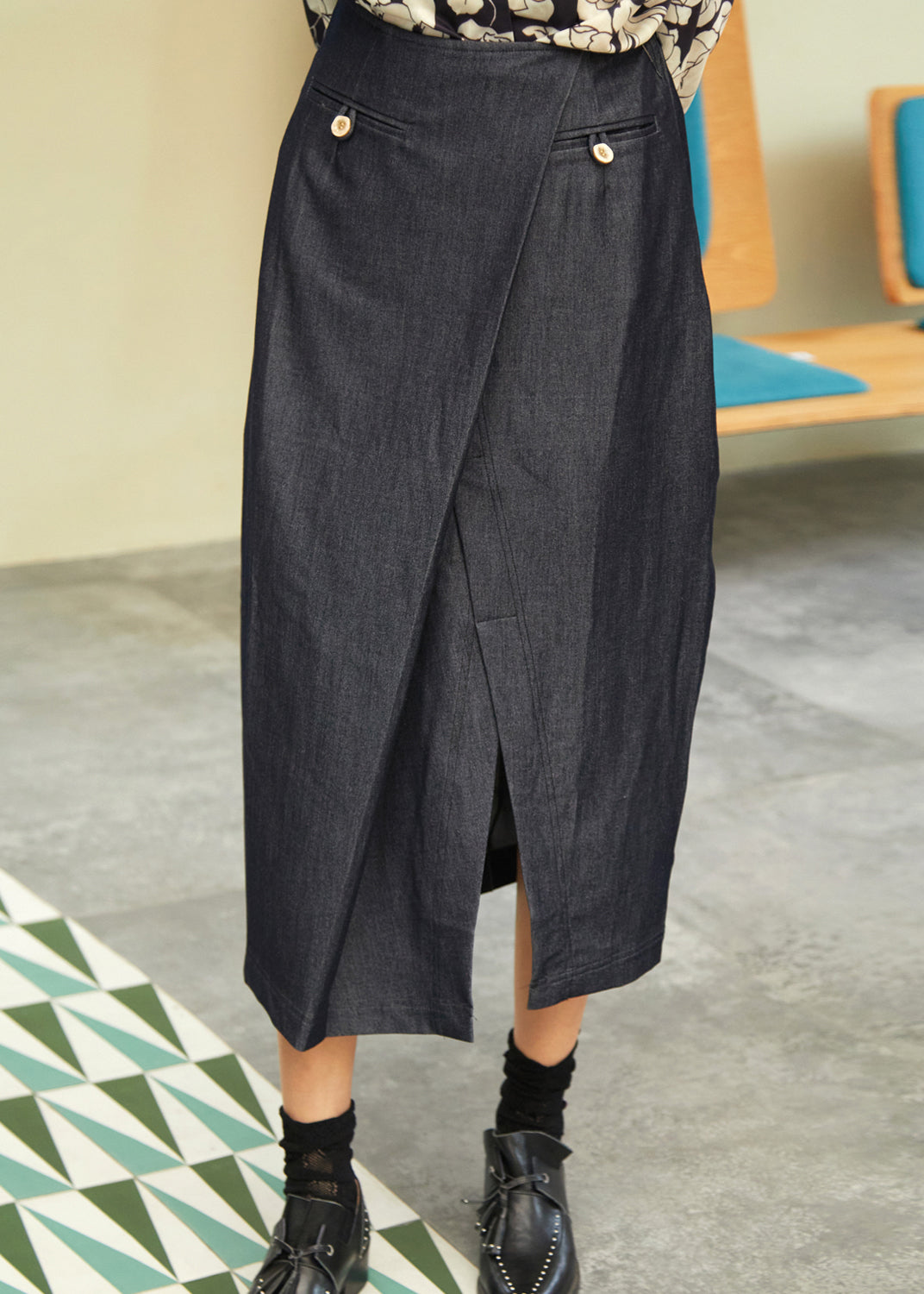 New Navy Asymmetrical Design Front Open Denim Skirts Fall