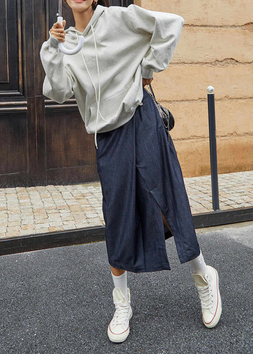 New Navy Asymmetrical Design Front Open Denim Skirts Fall