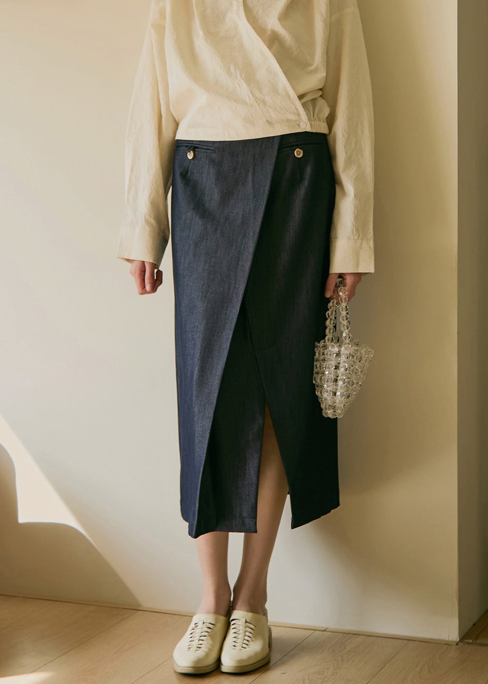 New Navy Asymmetrical Design Front Open Denim Skirts Fall