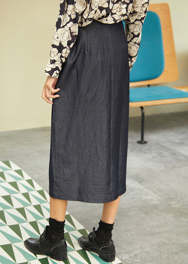 New Navy Asymmetrical Design Front Open Denim Skirts Fall