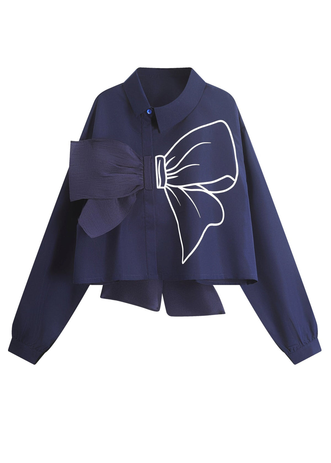 New Navy Peter Pan Collar Bow Cotton Blouses Fall
