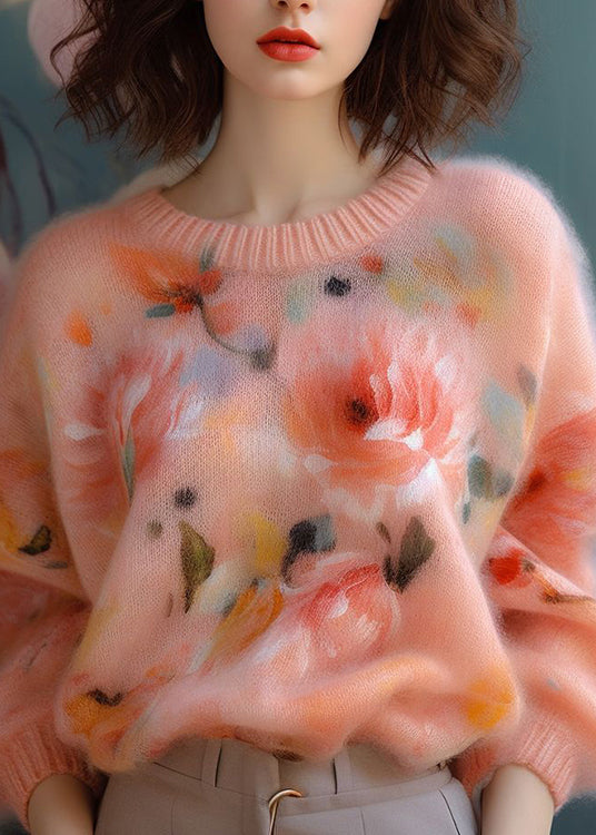 New Pink O Neck Thick Print cotton blend Sweater Fall