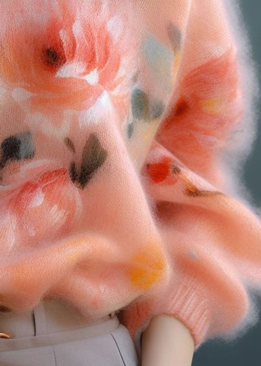 New Pink O Neck Thick Print cotton blend Sweater Fall