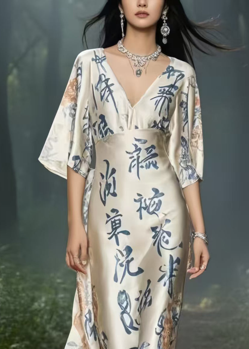 New Retro Apricot Print Draping Silk Robe Dresses Summer