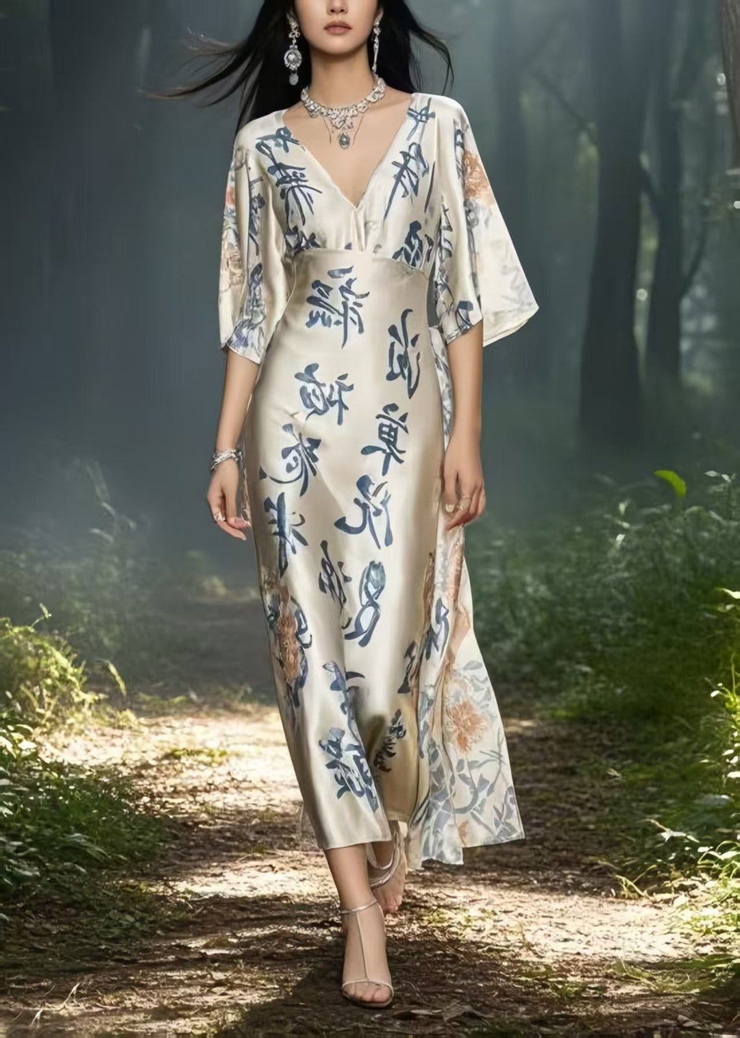 New Retro Apricot Print Draping Silk Robe Dresses Summer