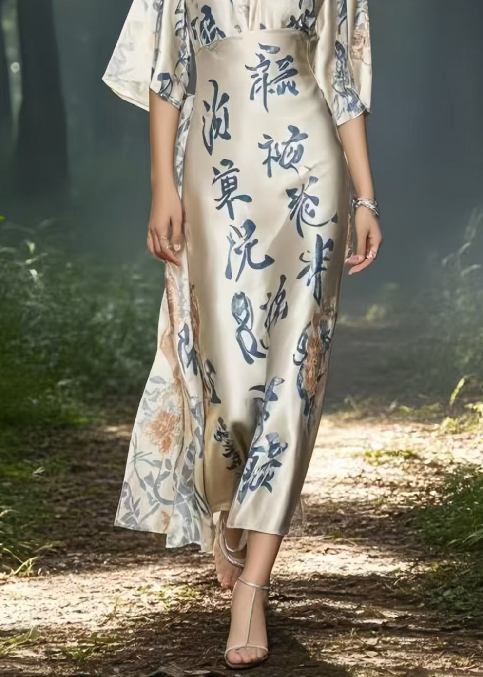 New Retro Apricot Print Draping Silk Robe Dresses Summer
